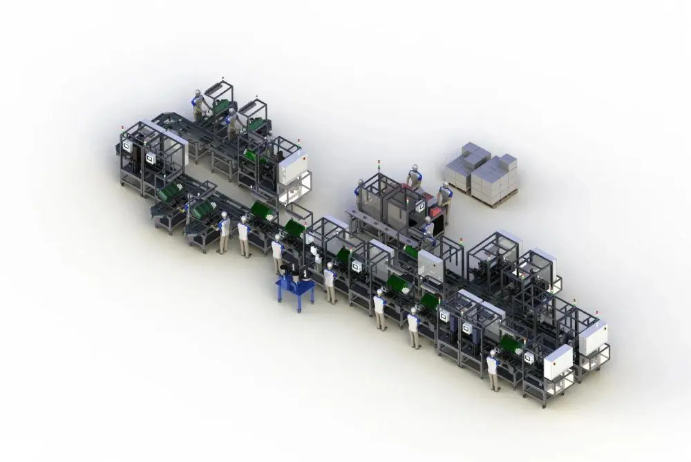 A computer rendering of an assembly line.