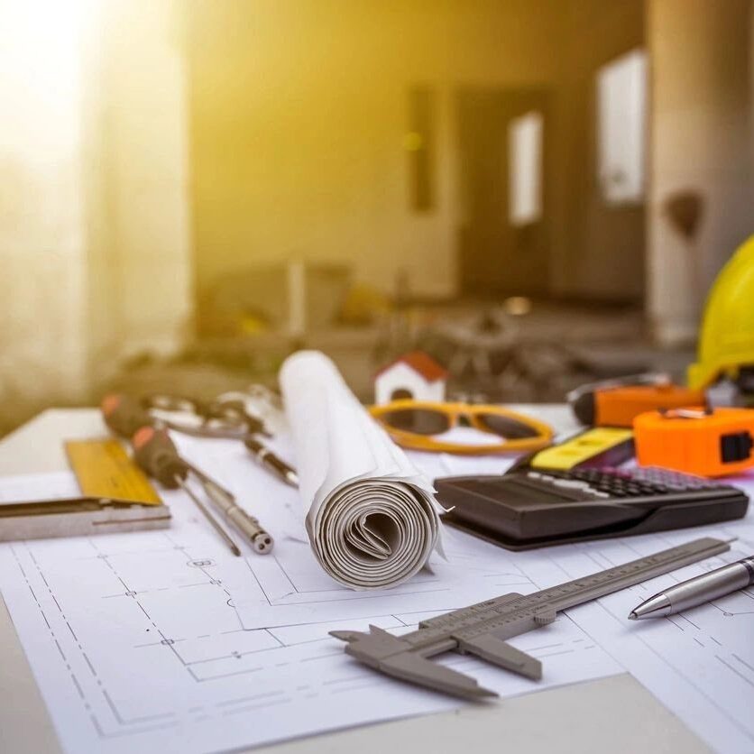 A table with construction tools and papers on it.